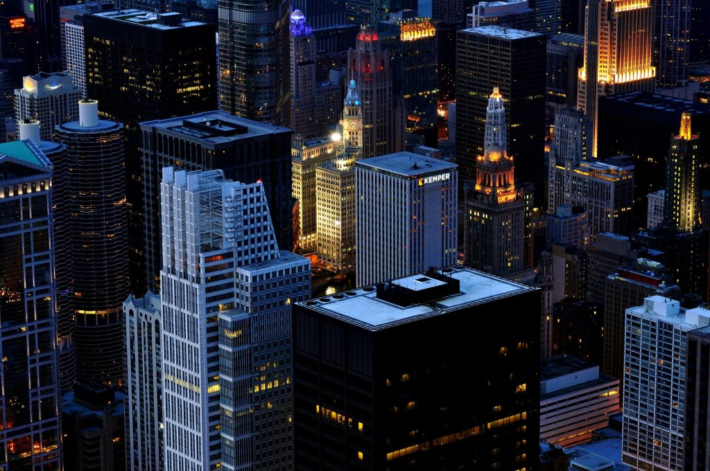 Dense city skyline at night
